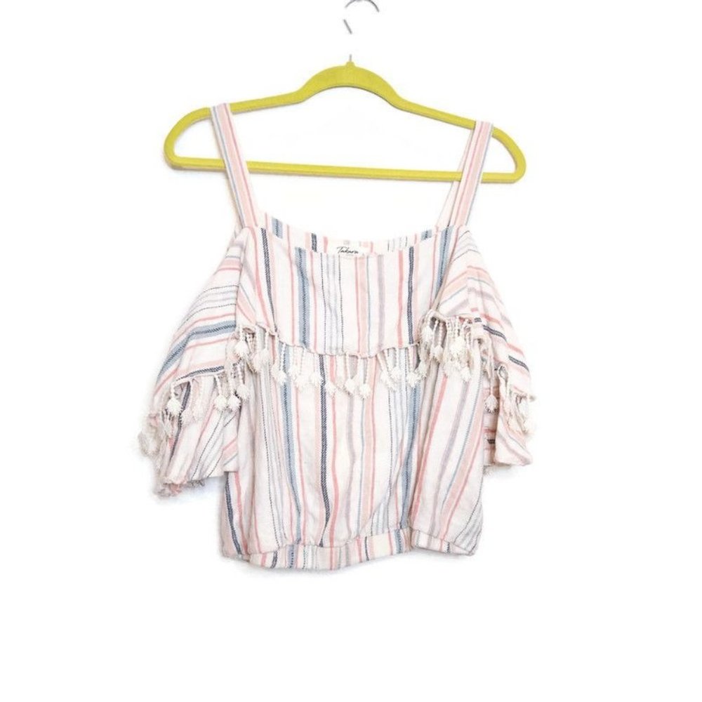 Takara Womens Cropped Linen Blend Striped Top Sz XL Beach Pom Summer